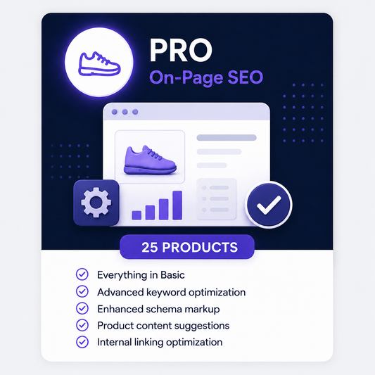 Pro On-Page SEO plan for 25 products with advanced product SEO graphic