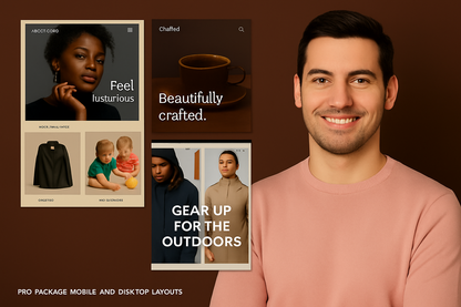 Mobile and desktop layout designs for Pro Website Package with custom branding and user-friendly navigation