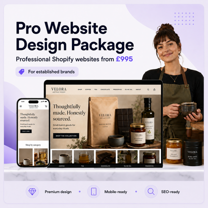 Pro website design package for premium artisan food brands with Shopify store mockups and ecommerce product layout