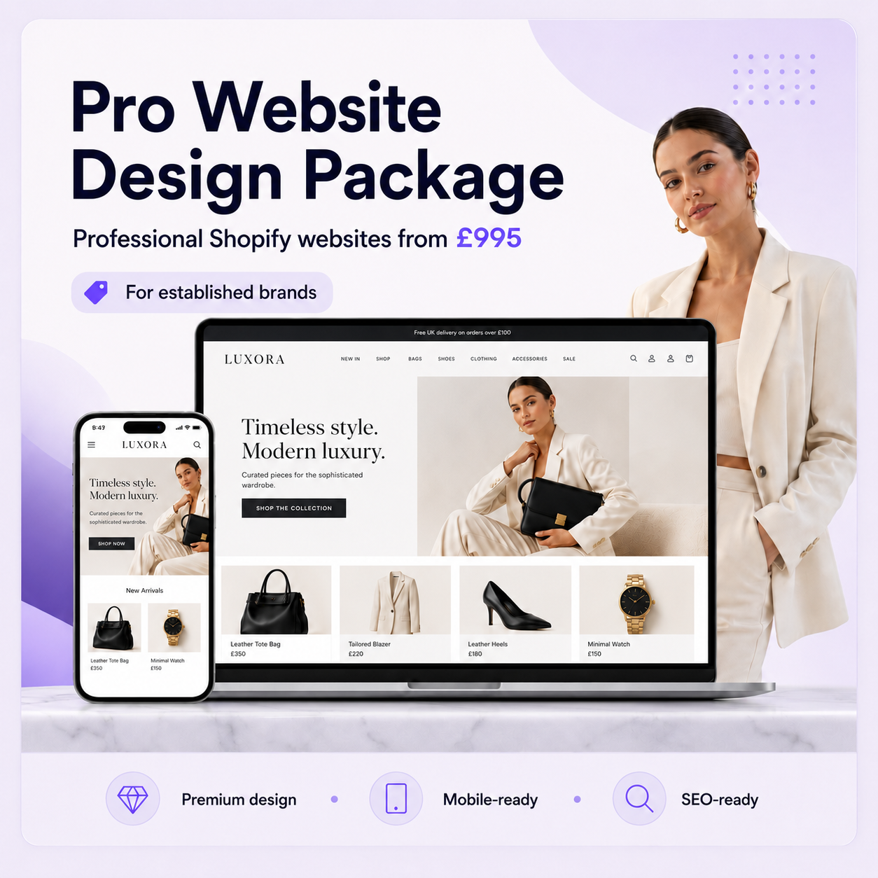 Pro website design package for established fashion brands with responsive Shopify desktop and mobile mockups from £995
