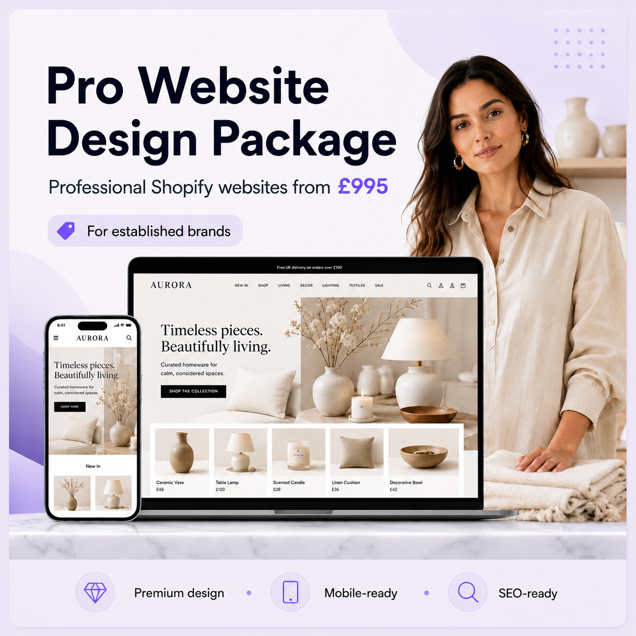 Pro website design package for home décor brands with responsive Shopify ecommerce website mockups from £995