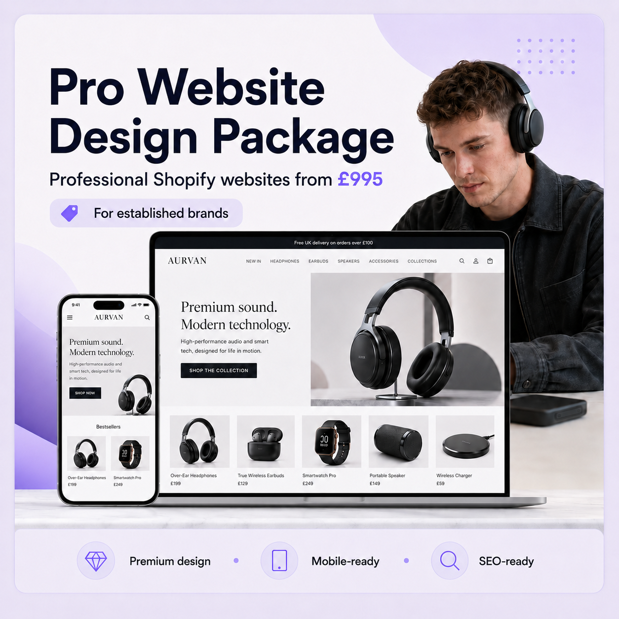 Pro website design package for technology brands with responsive Shopify audio product store mockups from £995