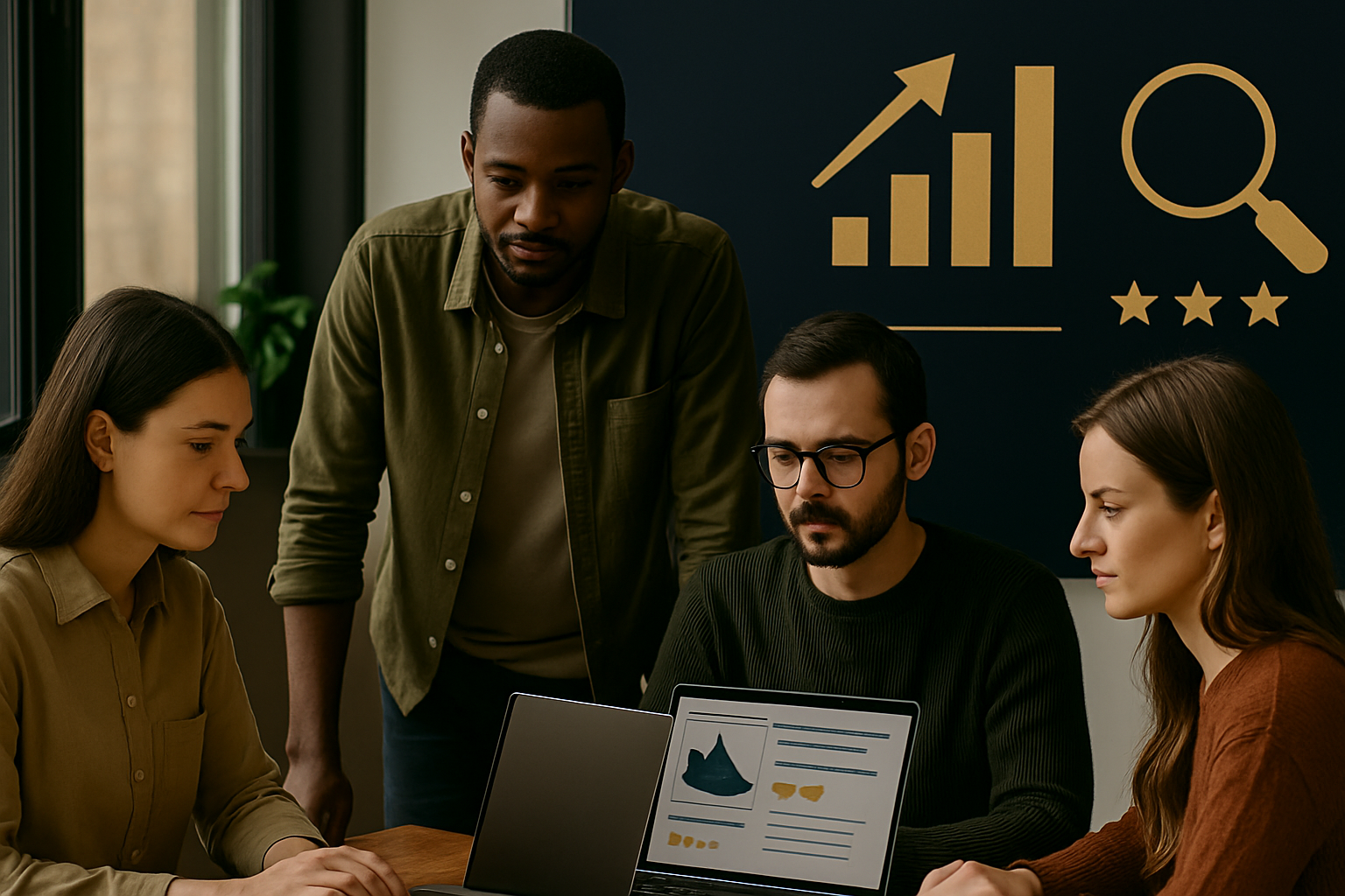 Professional team working on product SEO with laptops showing ecommerce product pages, analytics dashboards, and optimisation tools in a modern office environment.