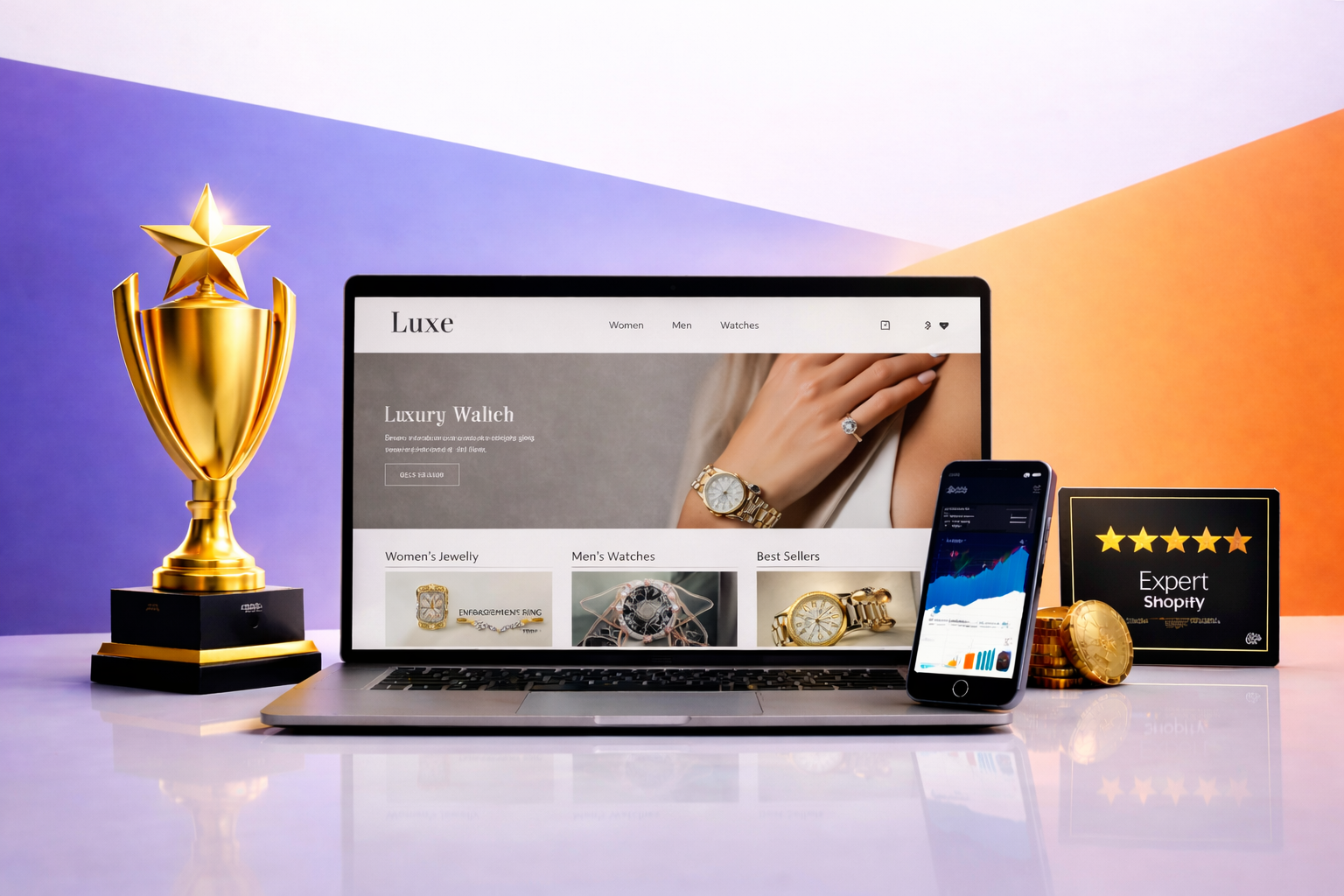 Professional Shopify website design showcase featuring a luxury ecommerce store displayed on a laptop with analytics and trust symbols