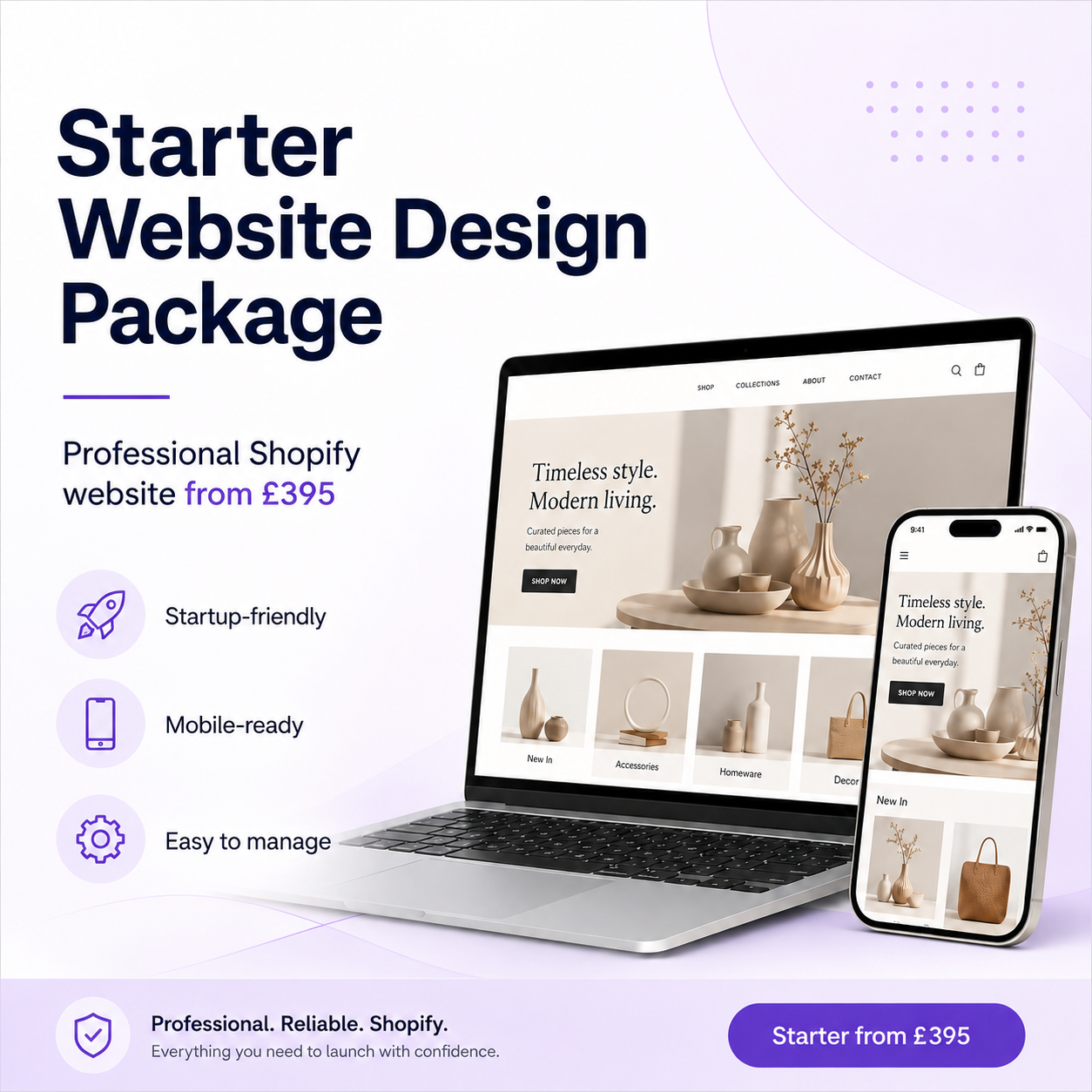 Starter website design package for Shopify with responsive laptop and mobile store mockups