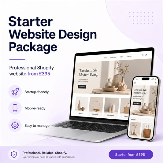 Starter website design package for Shopify with responsive laptop and mobile store mockups