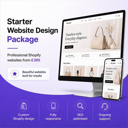 Professional Shopify website design package with custom design, SEO optimisation and ongoing support