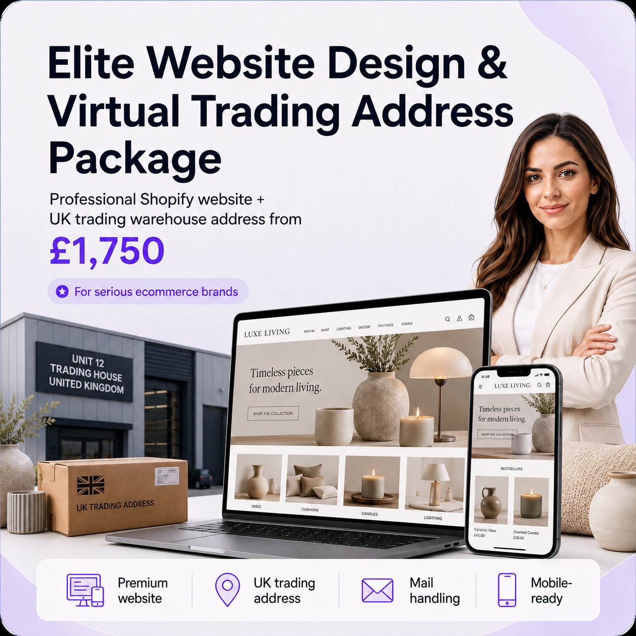 Pro website design package for home décor brands with responsive Shopify ecommerce website mockups from £995