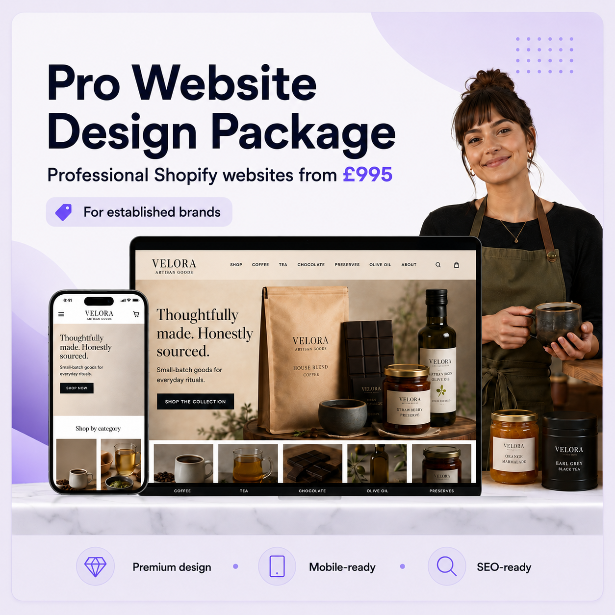 Elite ecommerce website design and UK trading address package with artisan food store mockups and mail handling