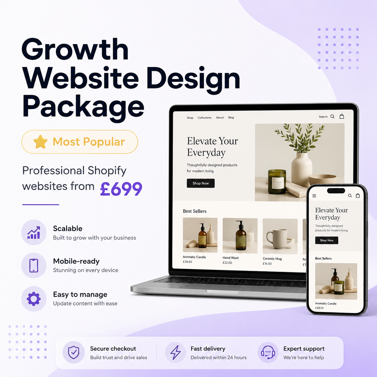 Growth website design package most popular banner with laptop and mobile Shopify website mockups from £699