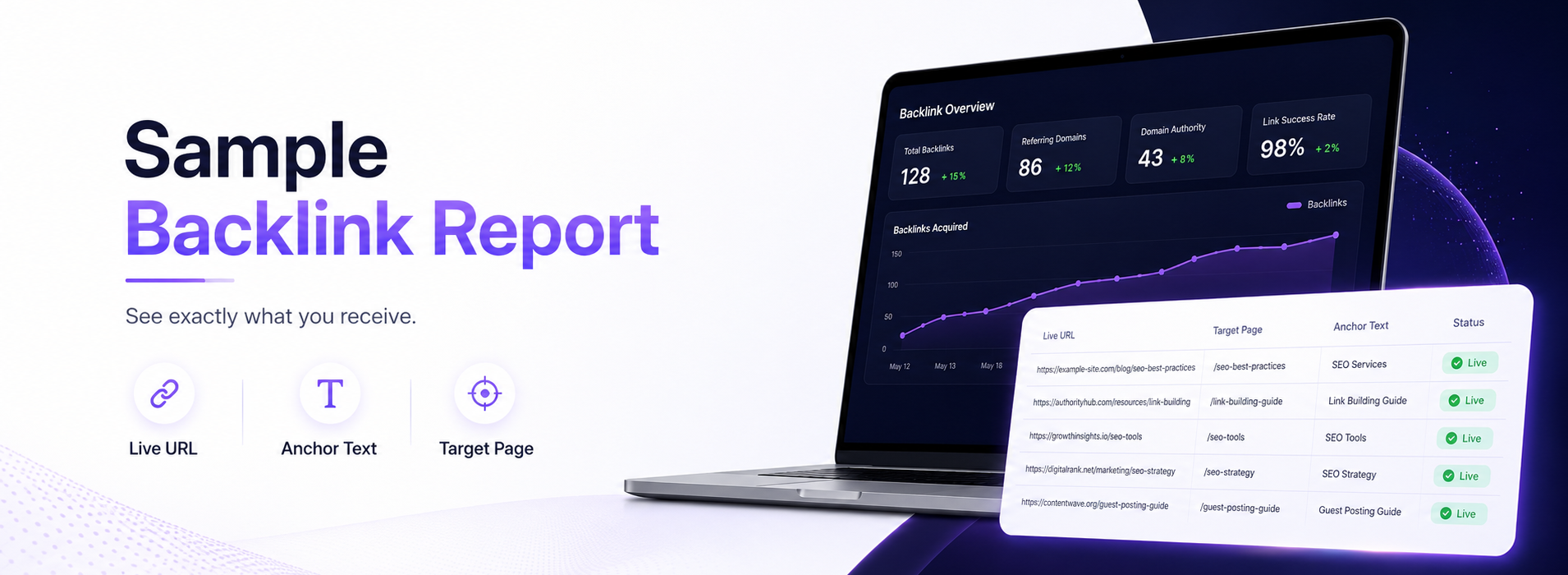 Sample backlink report banner showing live URL, anchor text, target page and backlink status for transparent SEO link building reports.