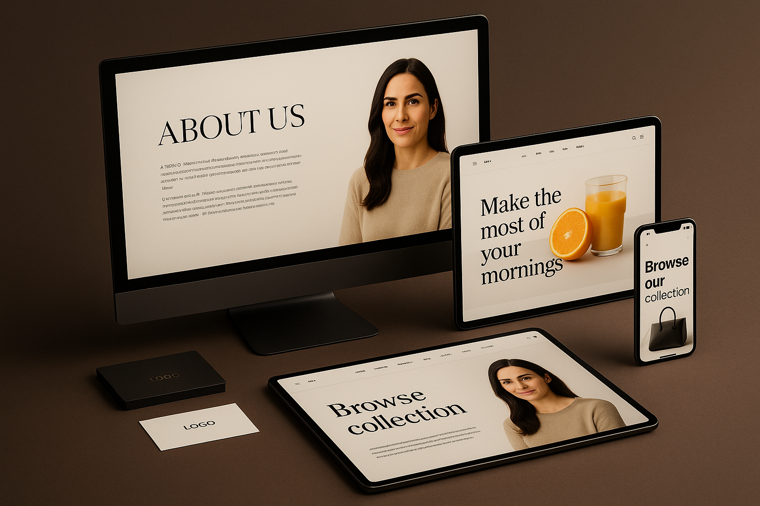 Premium horizontal banner featuring elegant digital devices and modern website mockups on a dark background for SAVLO UK web design and SEO agency About Us page.