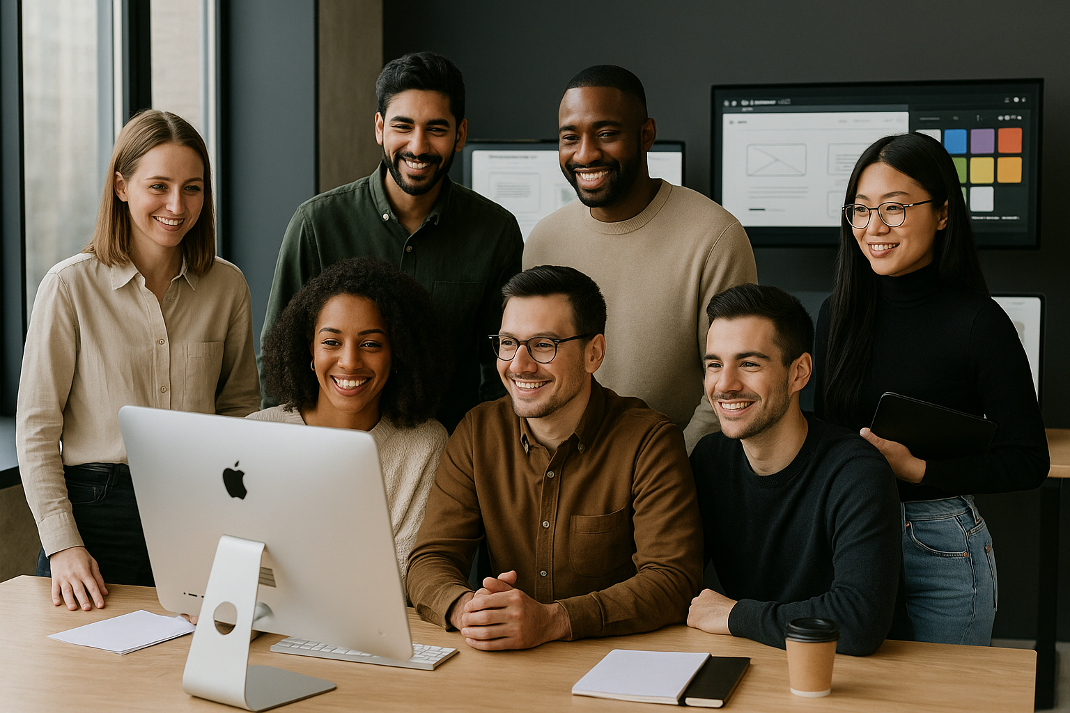 Premium horizontal banner showing a diverse team of 8 creative designers working in a modern UK web design agency office for SAVLO Contact Us and FAQs page.