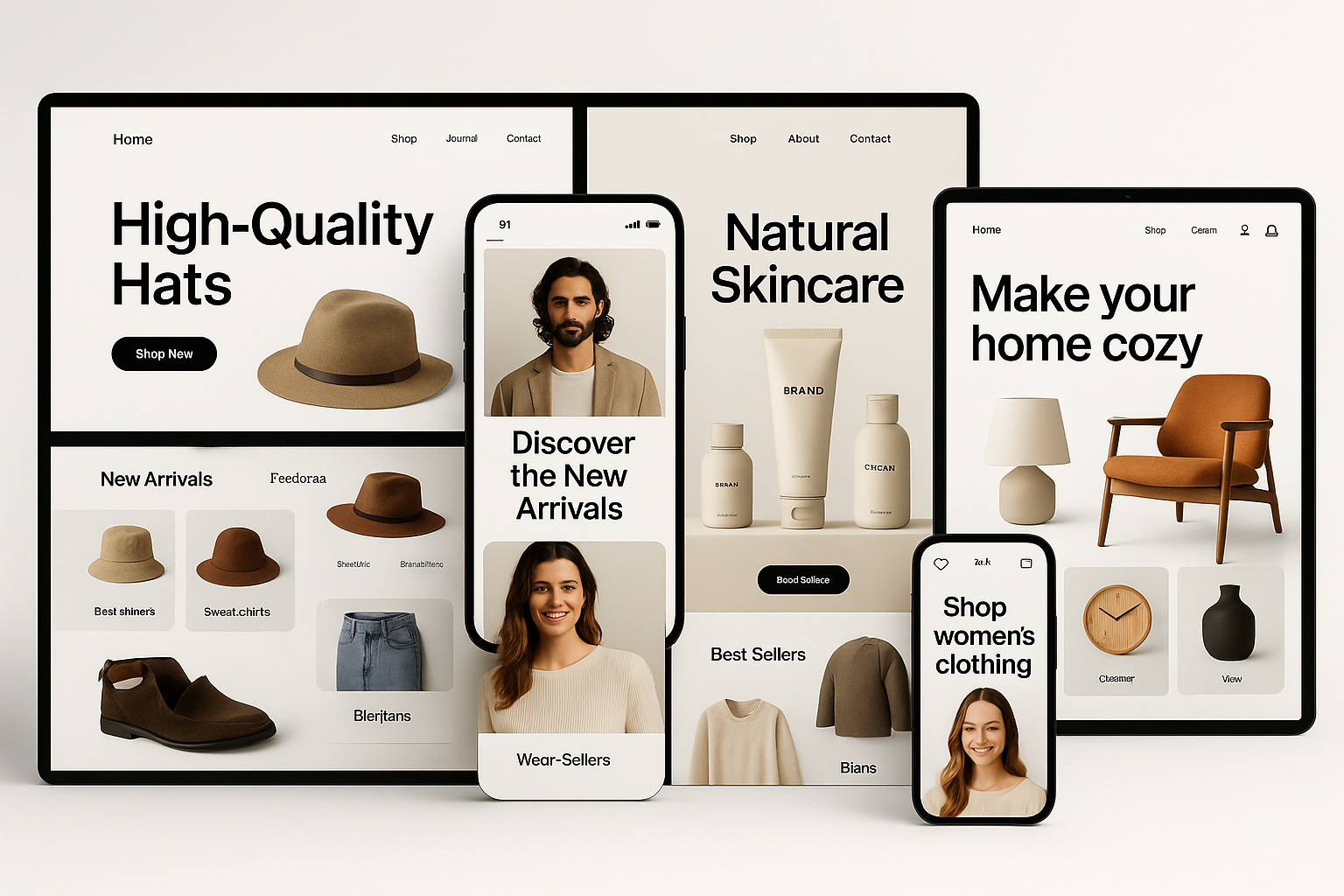 Horizontal banner showcasing premium e-commerce website mockups with fashion, beauty and lifestyle products designed by SAVLO Shopify web design agency.