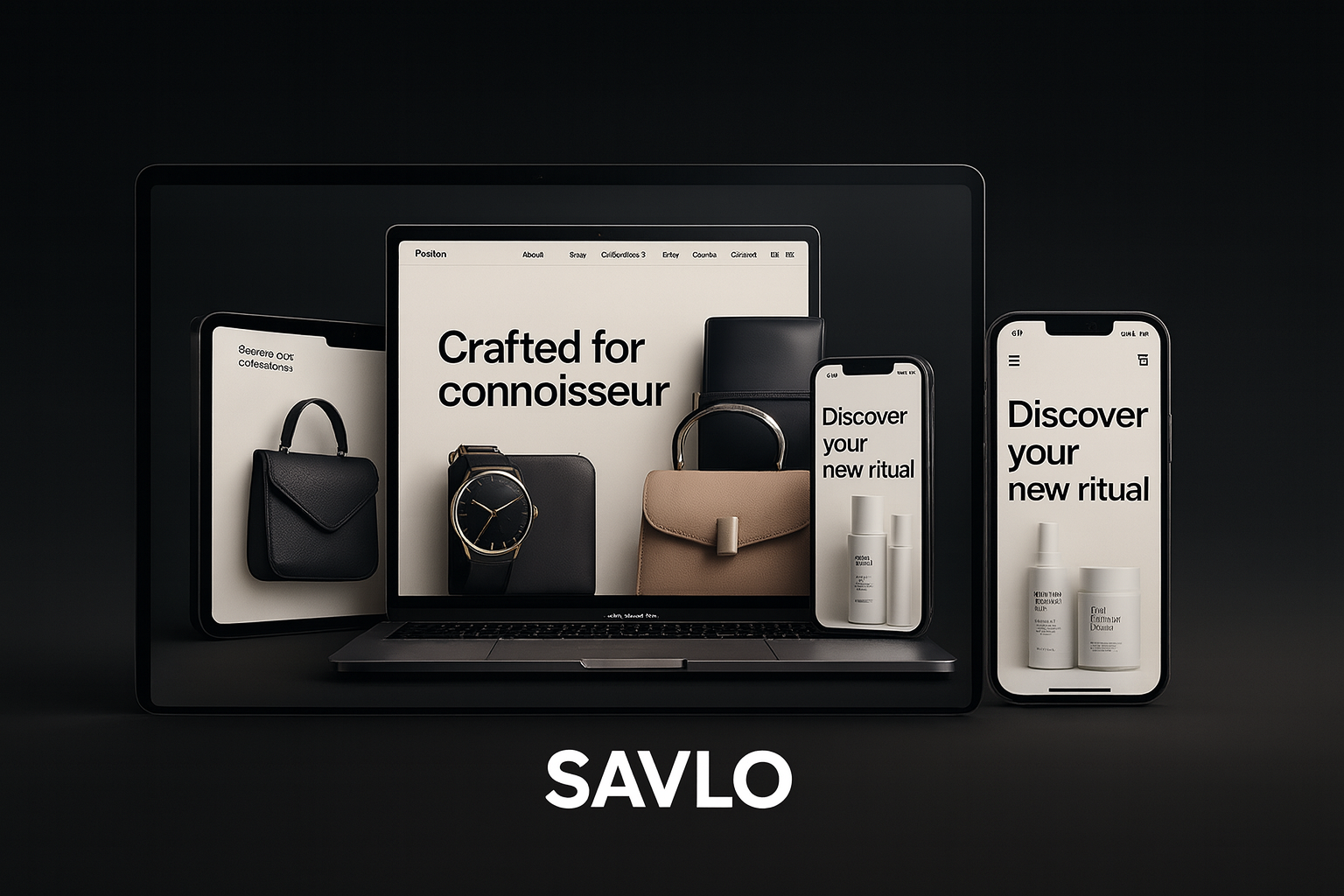 Premium Shopify website designs displayed across laptop, tablet, and mobile screens showing luxury eCommerce products including bags, watches and skincare — SAVLO UK Shopify agency.