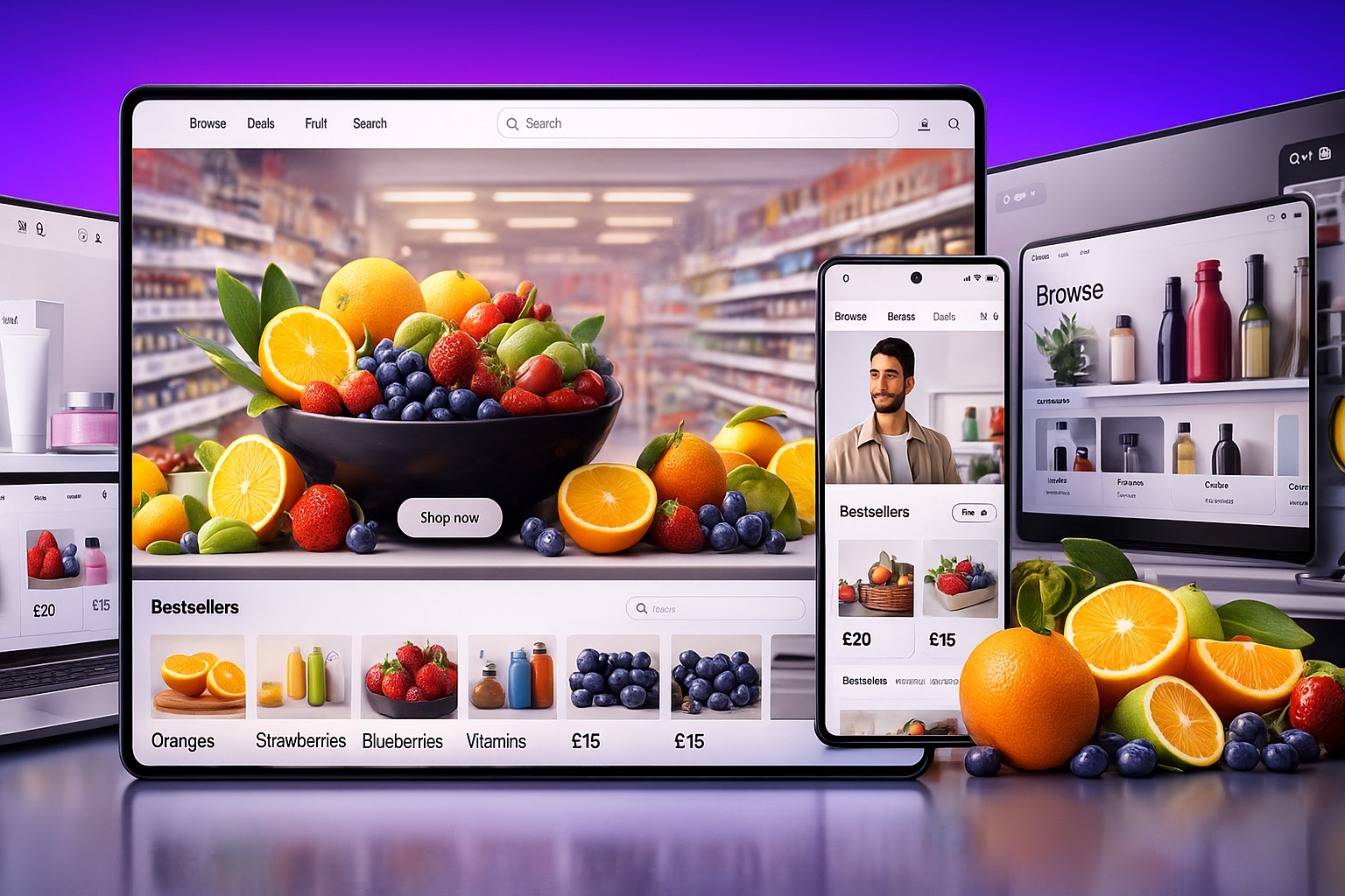Premium horizontal e-commerce banner featuring supermarket-style products including fresh fruits, home goods and beauty items, displayed across modern website mockups by SAVLO Shopify web design agency.