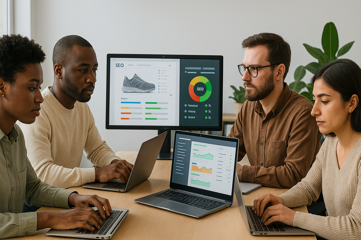 Diverse team of professionals working on SEO analytics and product optimisation on laptops and monitors in a modern office.