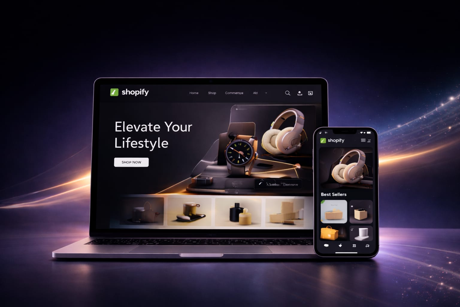 Professional Shopify store design displayed on laptop and mobile devices by Savlo