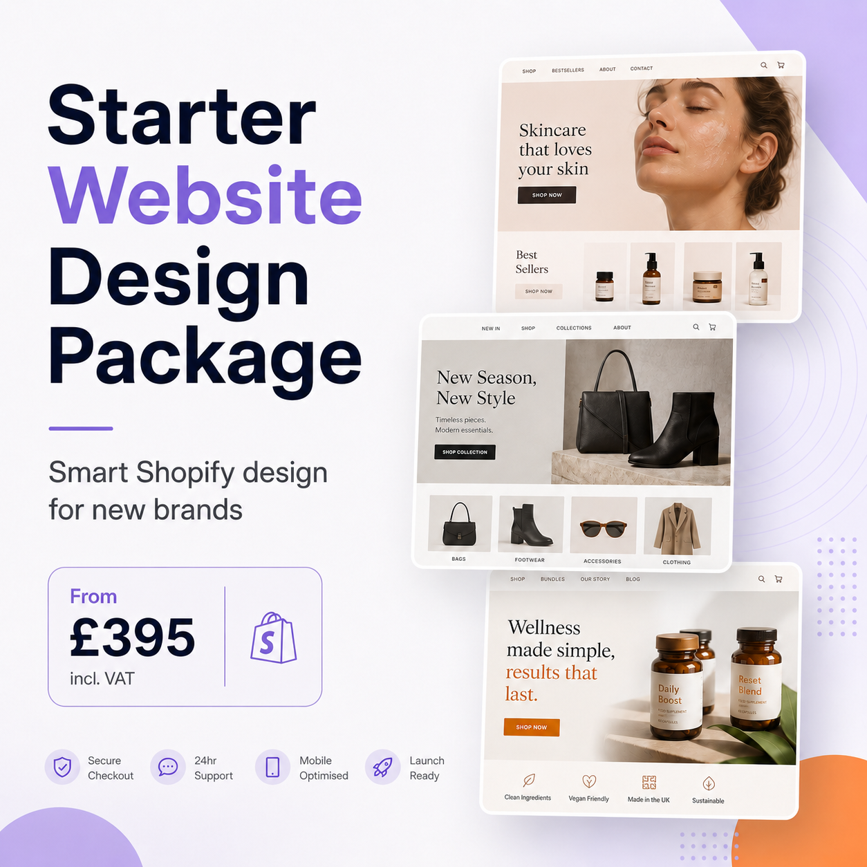 Smart Shopify website design package for new brands with launch ready ecommerce website examples