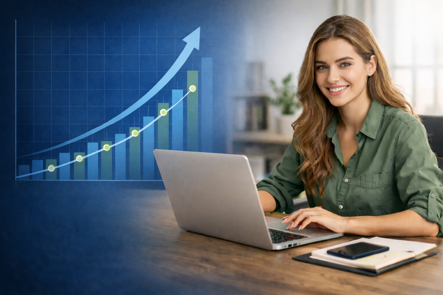 Professional SEO specialist working on a laptop with an upward growth chart graphic, representing website SEO ranking and traffic growth.