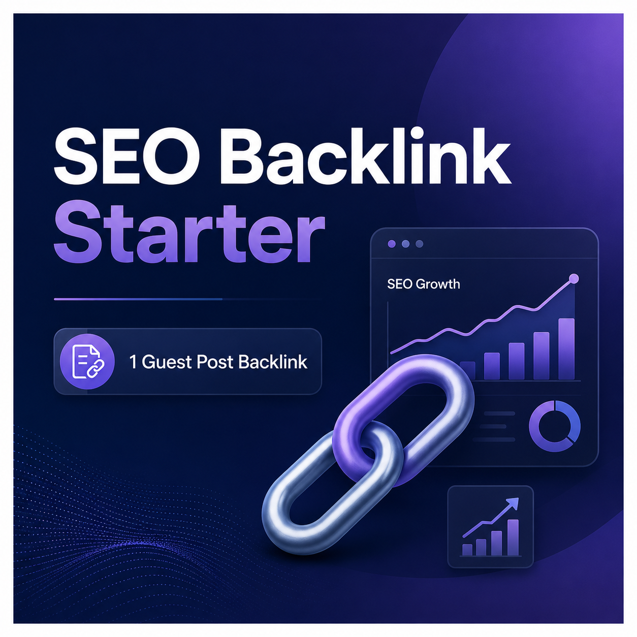 SEO Backlink Starter banner showing 1 guest post backlink, SEO growth dashboard and link building graphics.