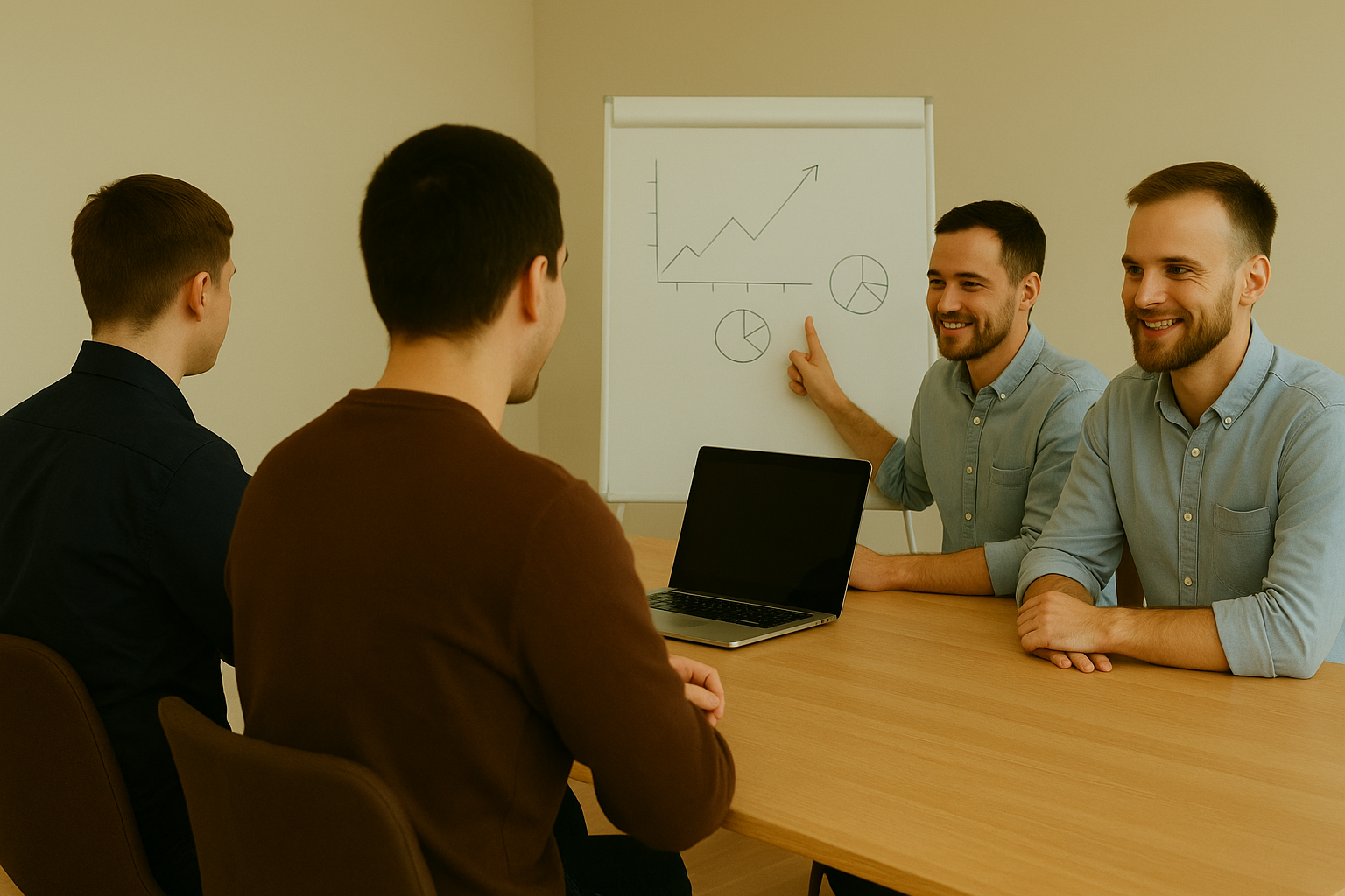 SEO team strategy meeting with charts and laptops in modern office