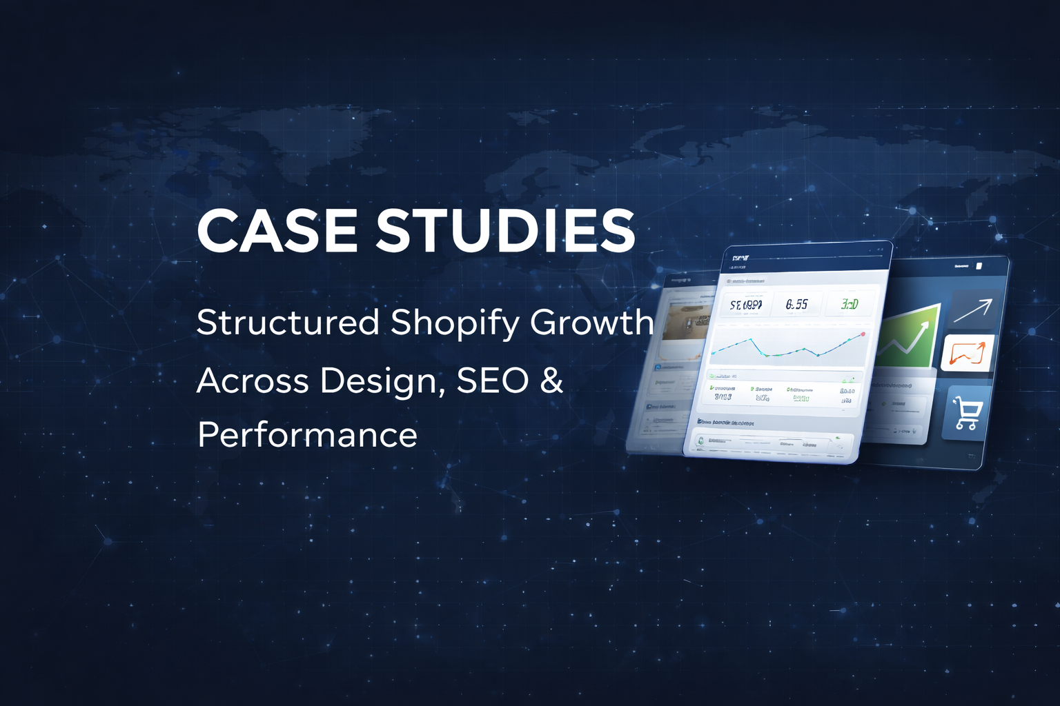 Savlo Case Studies banner showing structured Shopify growth across design, SEO and performance with analytics dashboard visuals