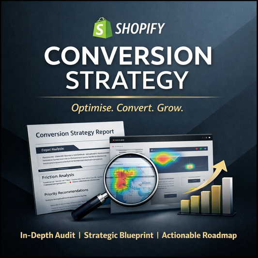 Shopify Conversion Strategy service graphic showing conversion audit report, website heatmap analysis and growth performance chart