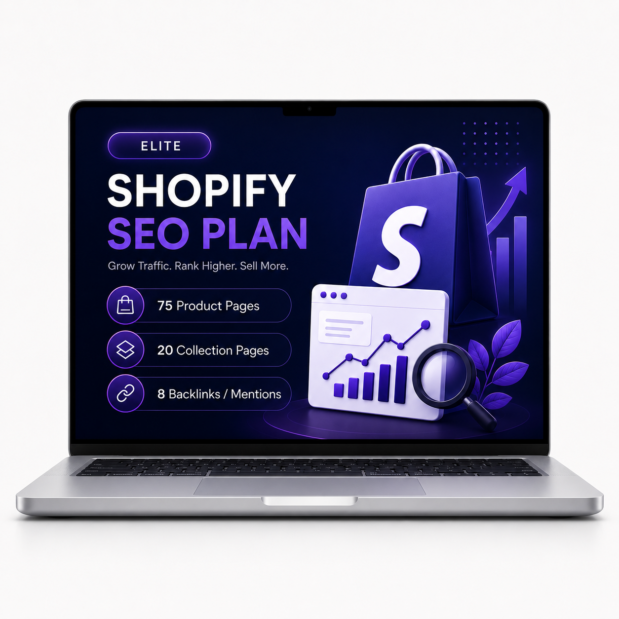 Shopify SEO plan banner showing a modern laptop with ecommerce SEO dashboard, product rankings, backlinks and organic growth visuals.