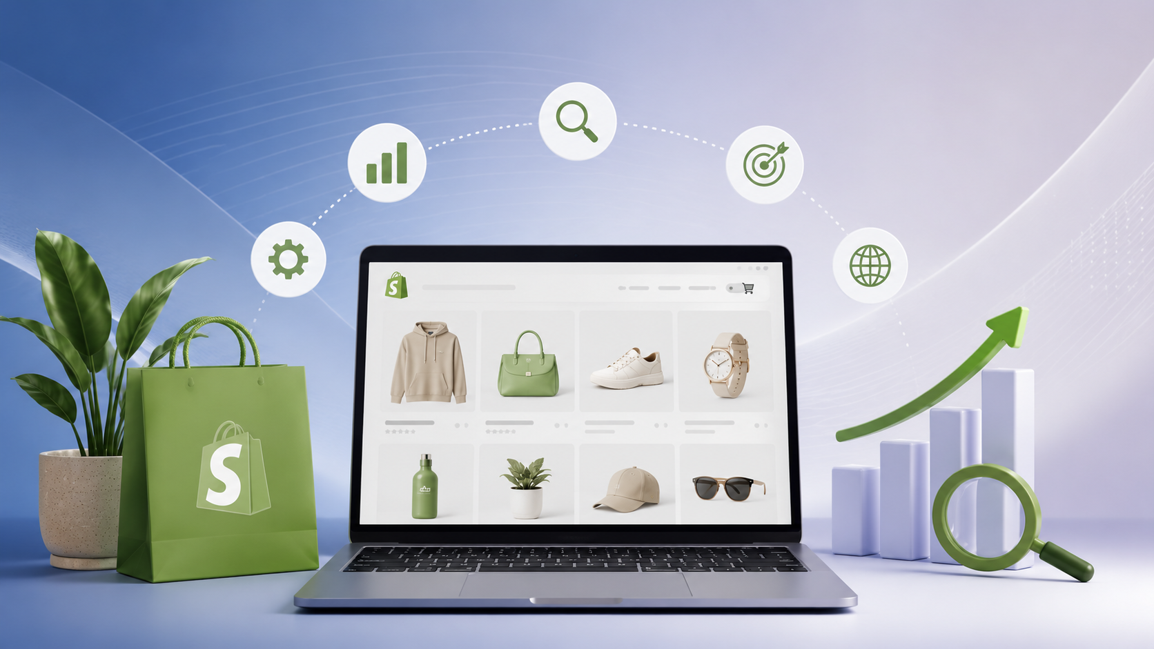 Shopify SEO services banner showing ecommerce store, search icons and growth analytics for online store optimisation