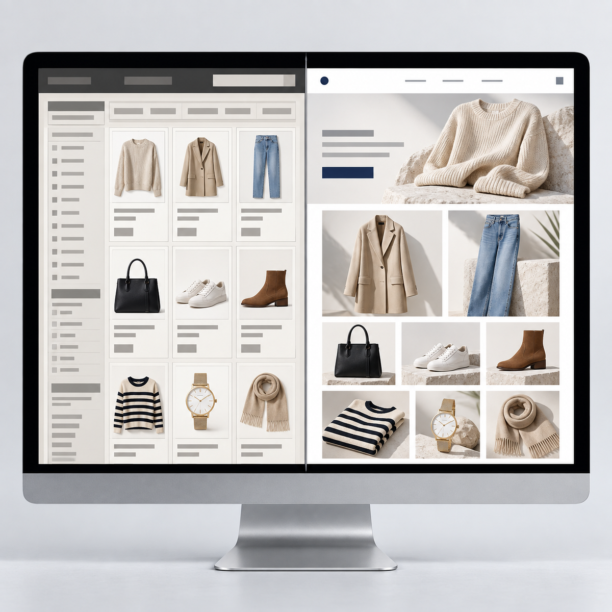 Before-and-after comparison showing an outdated Shopify store transformed into a modern professional design