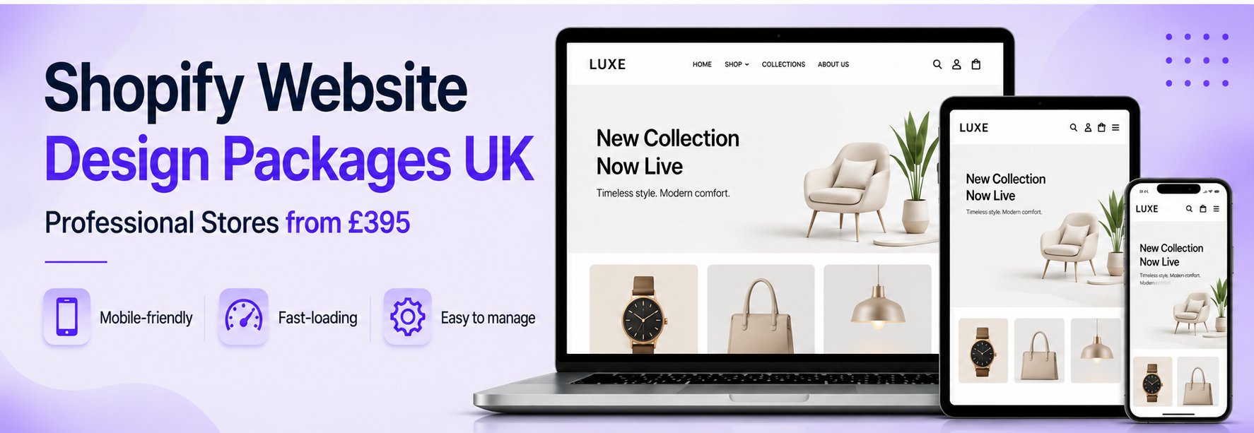 Shopify website design packages UK with responsive desktop, tablet and mobile store mockups