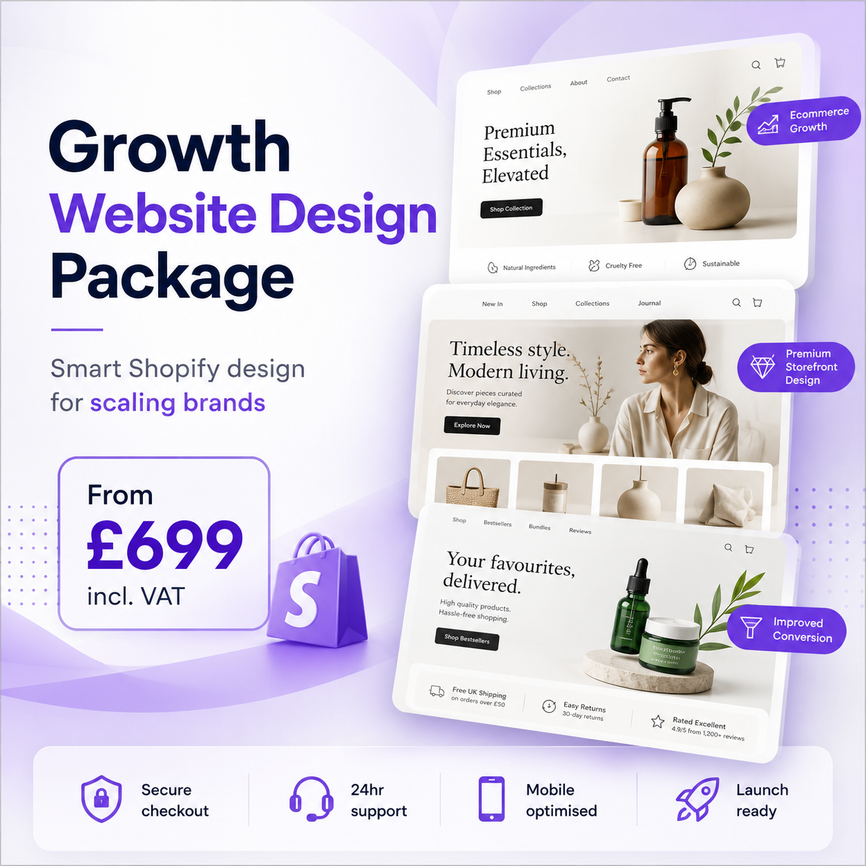 Growth website design package for scaling brands with premium storefront design and ecommerce growth features from £699