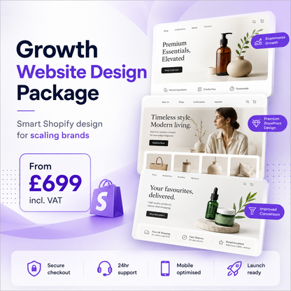 Growth website design package for scaling brands with premium storefront design and ecommerce growth features from £699