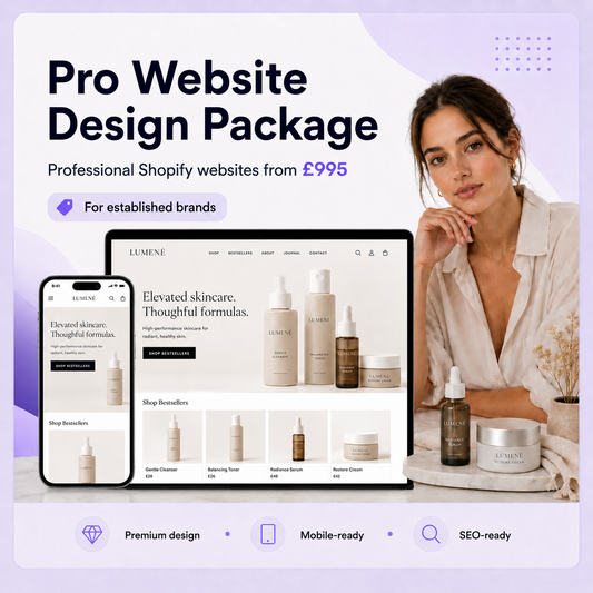 Pro website design package for skincare brands with premium Shopify website design and mobile-ready store mockups