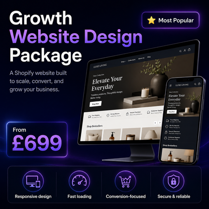 Growth website design package for scalable Shopify businesses with responsive desktop and mobile mockups from £699