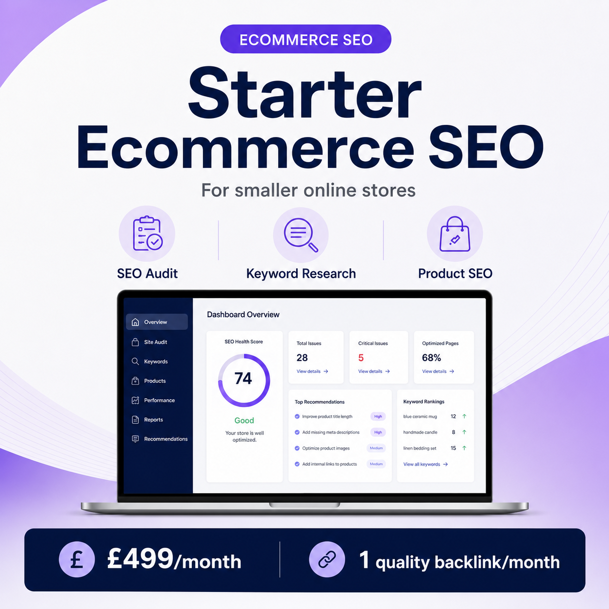 Starter Ecommerce SEO plan with SEO audit, keyword research, product SEO, one quality backlink per month and £499 monthly pricing