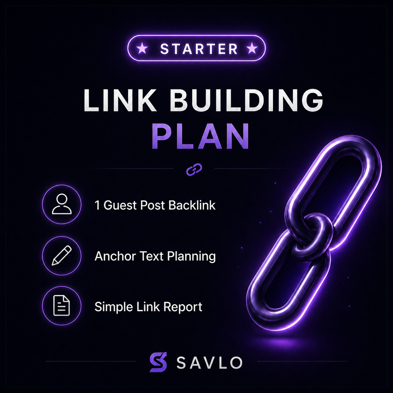 Starter link building plan with 1 guest post backlink, anchor text planning and simple link report