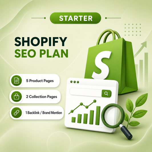 Starter Shopify SEO plan for small online stores with product SEO, collection optimisation and brand mention backlink