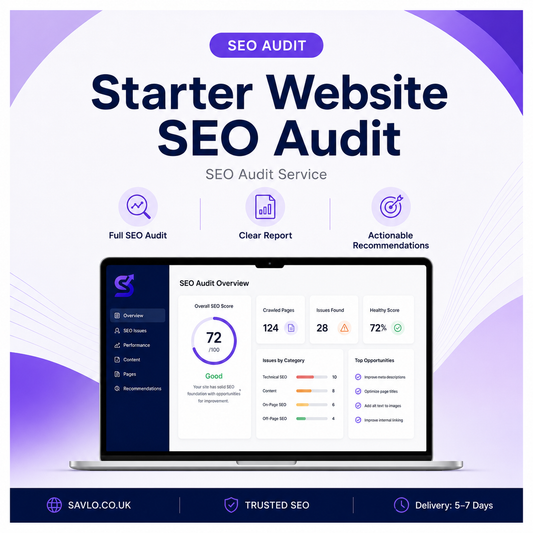 Starter Website SEO Audit banner showing SEO audit dashboard, clear report, actionable recommendations and trusted SEO support