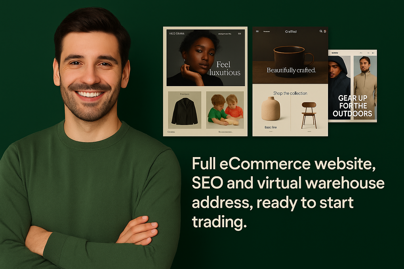 Professional online store layout with embedded virtual warehouse address, ready to start trading and brand trust.