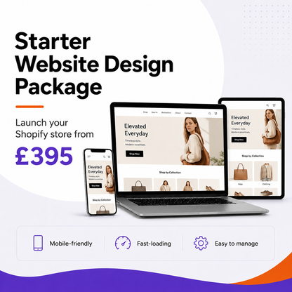 Starter website design package showing mobile friendly Shopify store design from £395