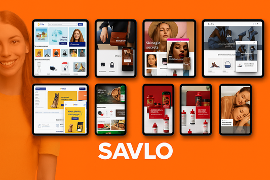 SAVLO website design portfolio showcasing desktop and mobile mockups for ecommerce, fashion, beauty, pet care, and product brands, with logo in bottom-right corner on orange background.