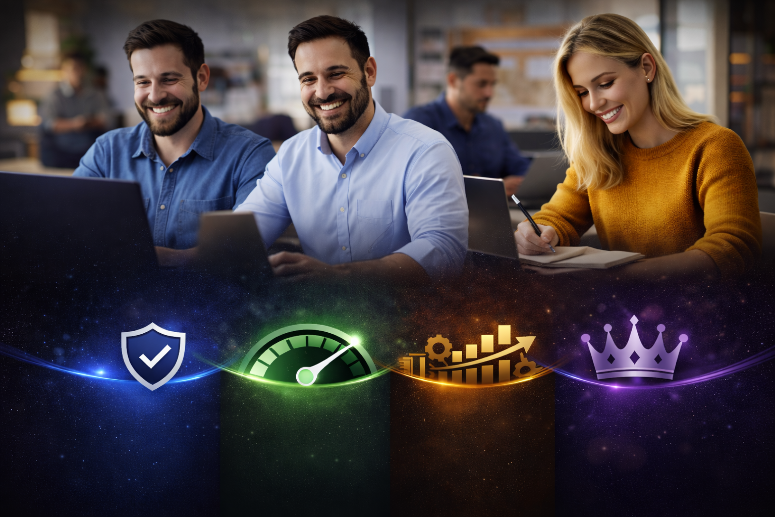 Professional website maintenance team working on laptops in a modern office environment with performance and security visuals