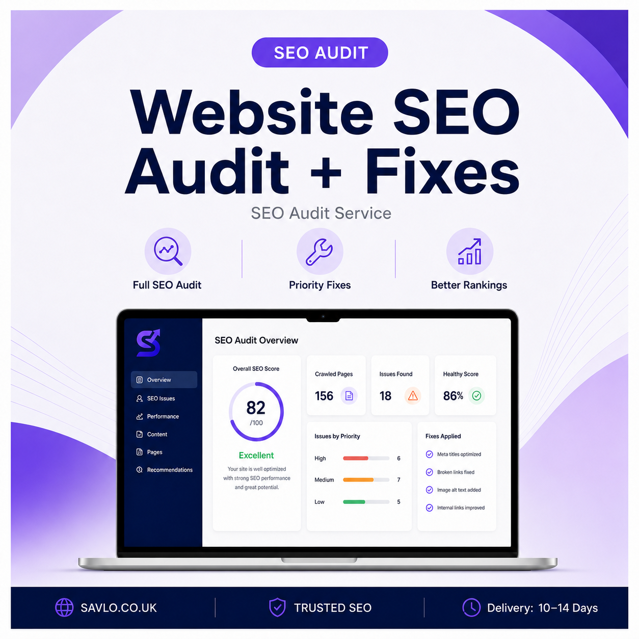 Website SEO Audit and Fixes banner showing SEO audit dashboard, priority fixes, better rankings and implementation support