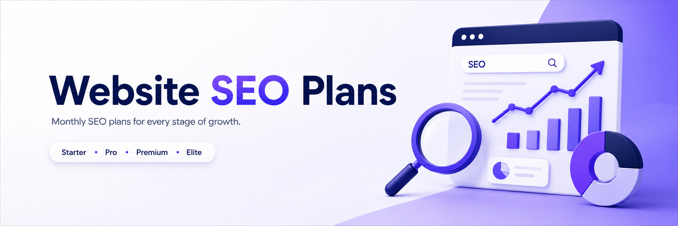Website SEO Plans hero banner showing SEO growth, analytics dashboard and monthly SEO packages for small and growing businesses
