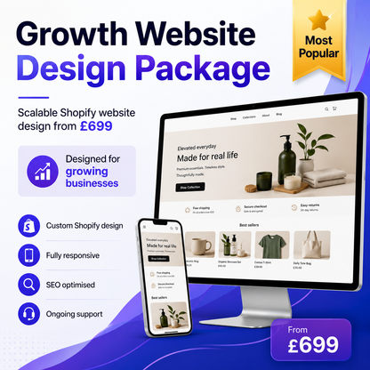 Growth website design package most popular Shopify design service with custom design SEO and ongoing support from £699